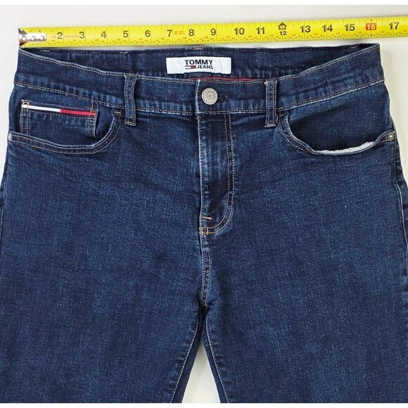 Tommy Hilfiger Size 34X32 Mens Slim Tapered Blue Denim 5 Pocket Logo Tag Jeans - Picture 5 of 11